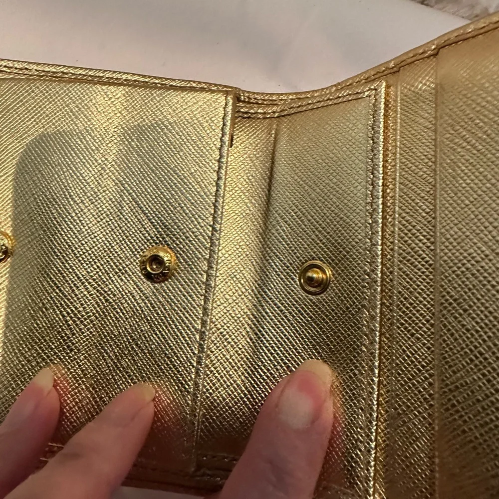 Authentic PRADA Gold Genuine Saffiano Leather Compact Wallet Pre-owned